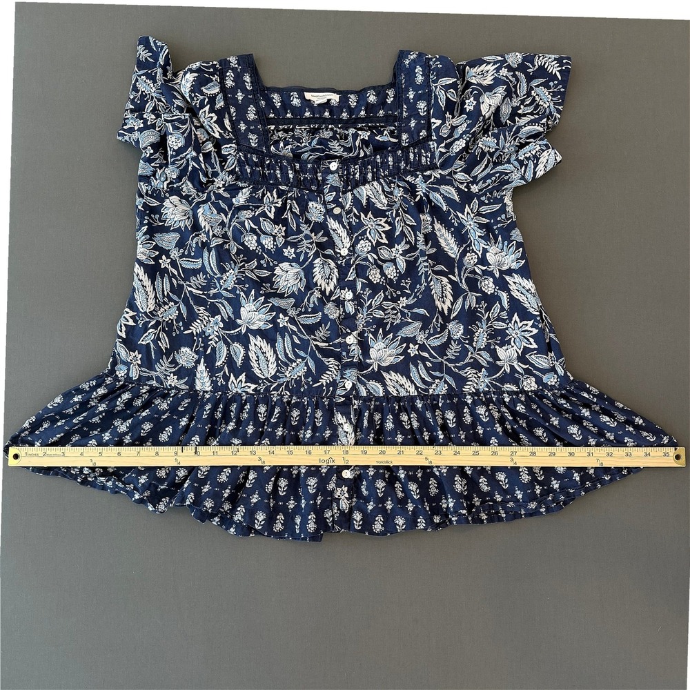 Beach Lunch Lounge Navy Floral Cotton Button Front Peplum Top Square Neck XL - Picture 4 of 11